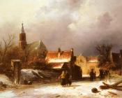 查尔斯 亨利 约瑟夫 雷克尔特 : Figures on a snow covered Path with a Dutch Town beyond